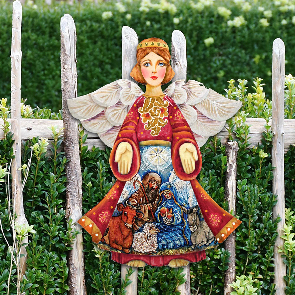 Nativity angel door decor: red robe, white wings, ring handles, nativity scene