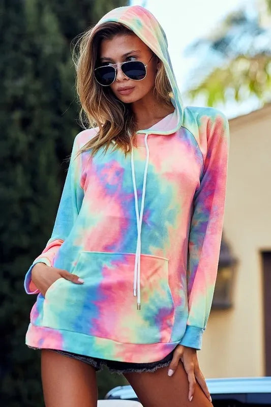 Pastel tie-dye French terry hoodie with hood, drawstring, and front kangaroo pocket
