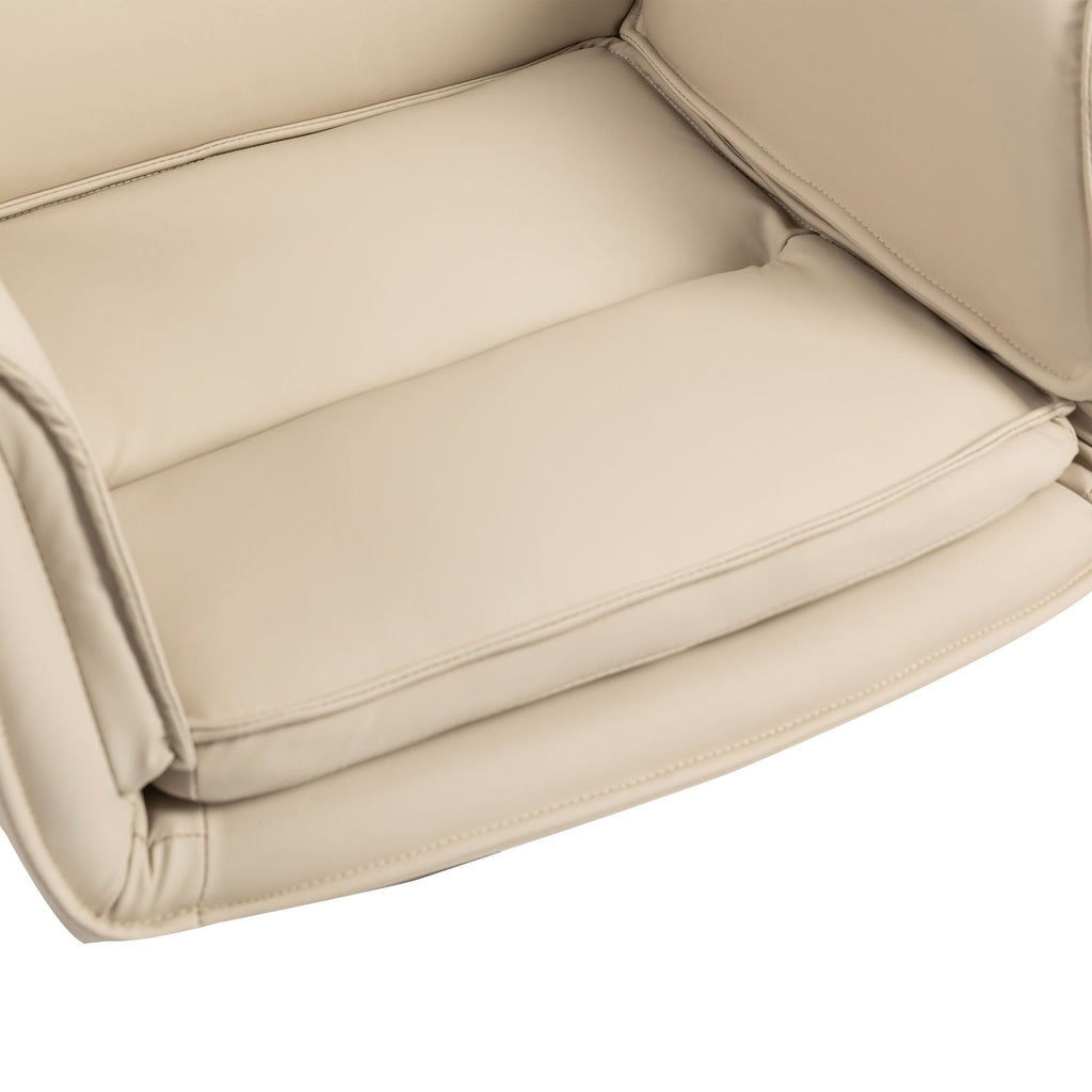 Beige fabric padded seat cushion with stitched edges on swivel chair