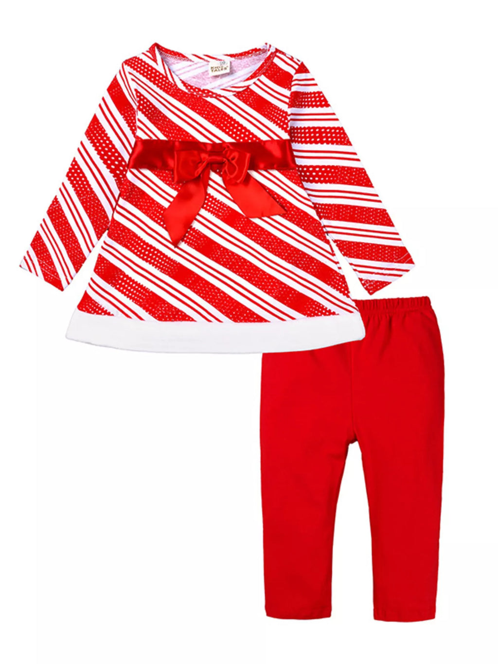 Red and white striped top with red bow and red pants set, full outfit