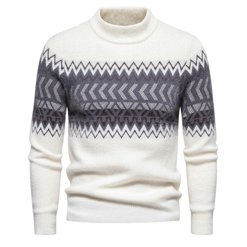 Men's printed round-neck sweater, white with dark zigzag yoke pattern