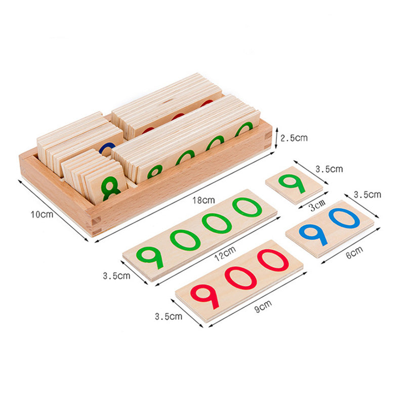 Wooden number card tray with number tiles and labeled dimensions in cm