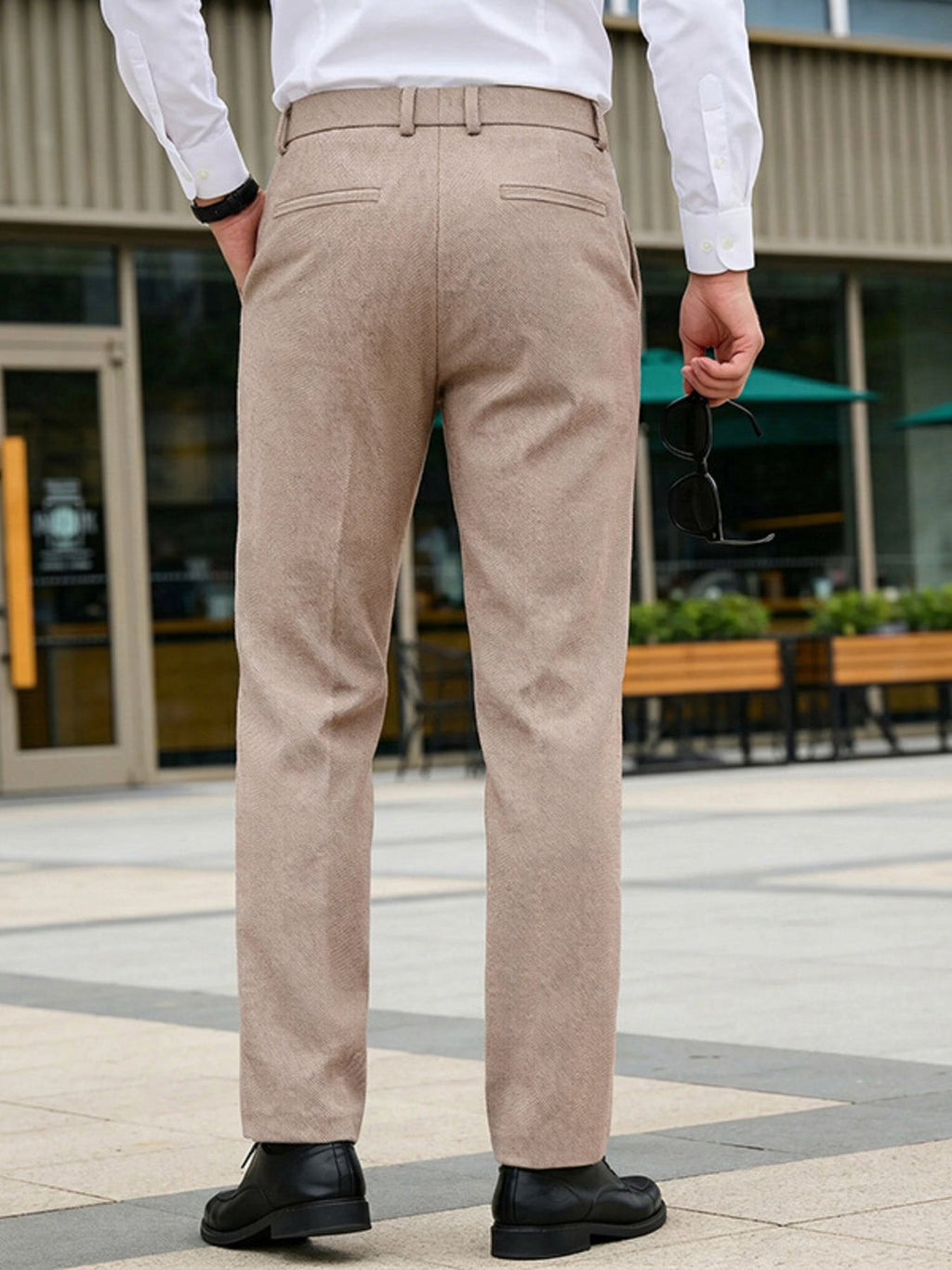 Men's classic-fit dress pants, tan khaki, back view with belt loops