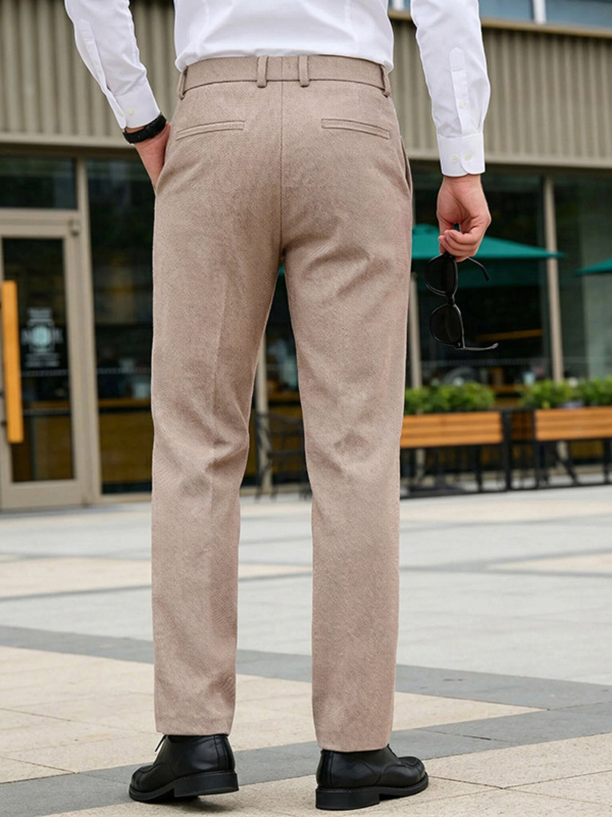 Men's classic-fit dress pants, tan khaki, back view with belt loops