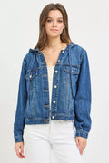 Hooded denim jacket in medium blue with button-front and chest pockets