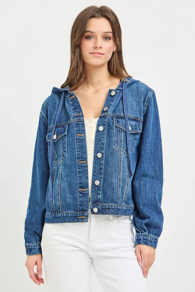Hooded denim jacket in medium blue with button-front and chest pockets