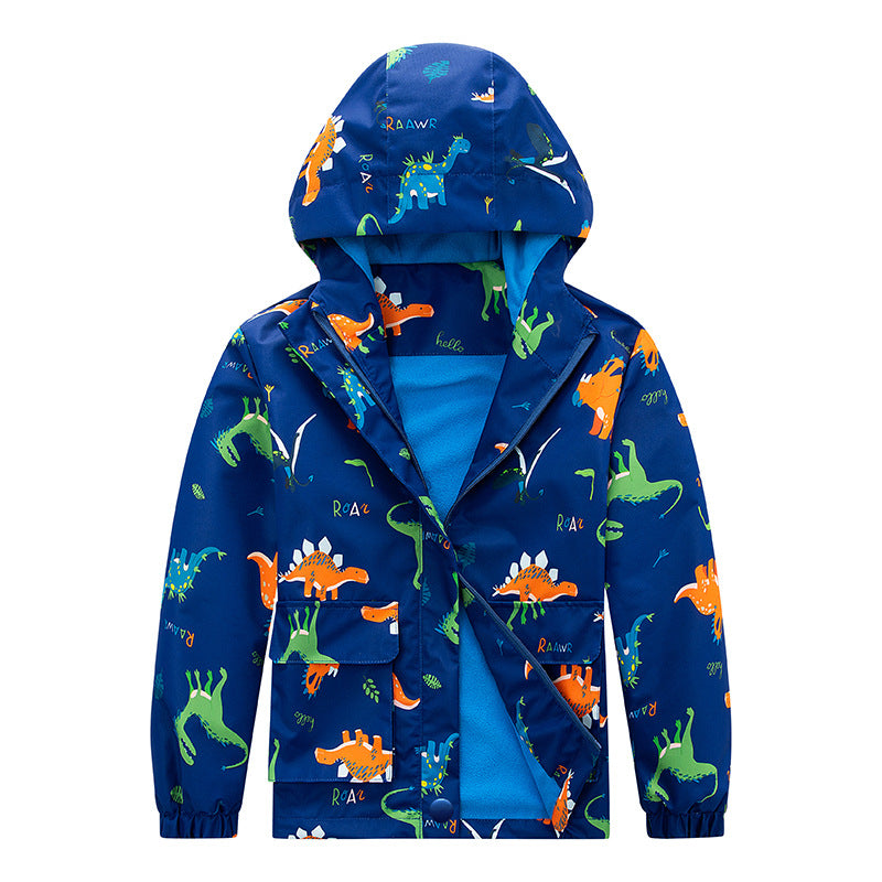 Kids waterproof hooded jacket, navy with colorful dinosaur print, full zip and elastic cuffs.