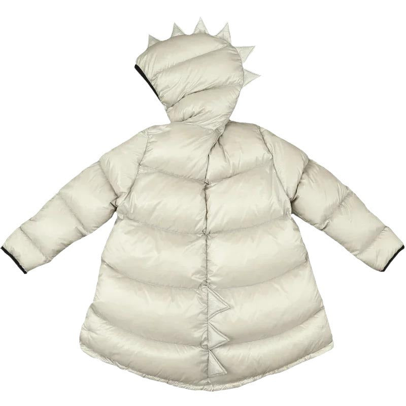Light cream hooded puffer jacket with full zipper and side pockets, spiked hood detail