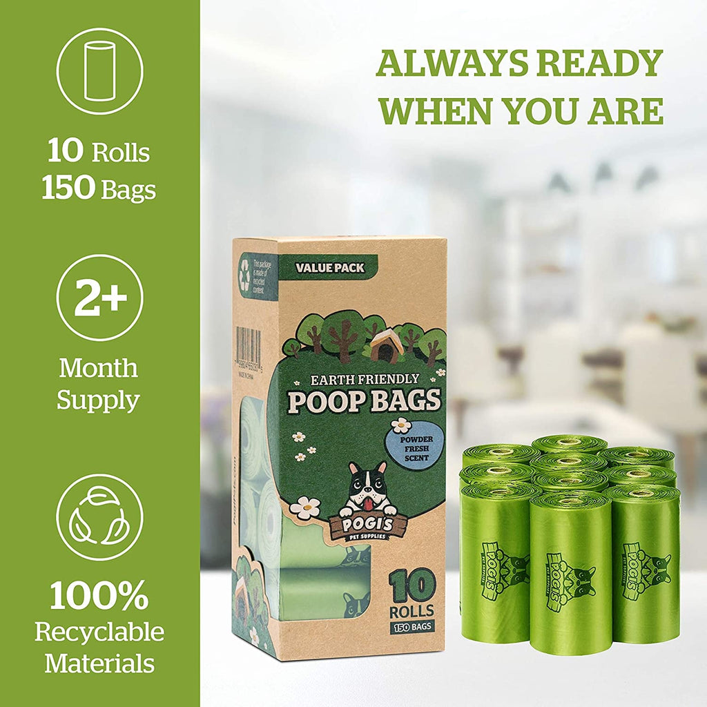 Scented dog poop bag set with rolls: 10 rolls, 150 bags; recyclable materials shown