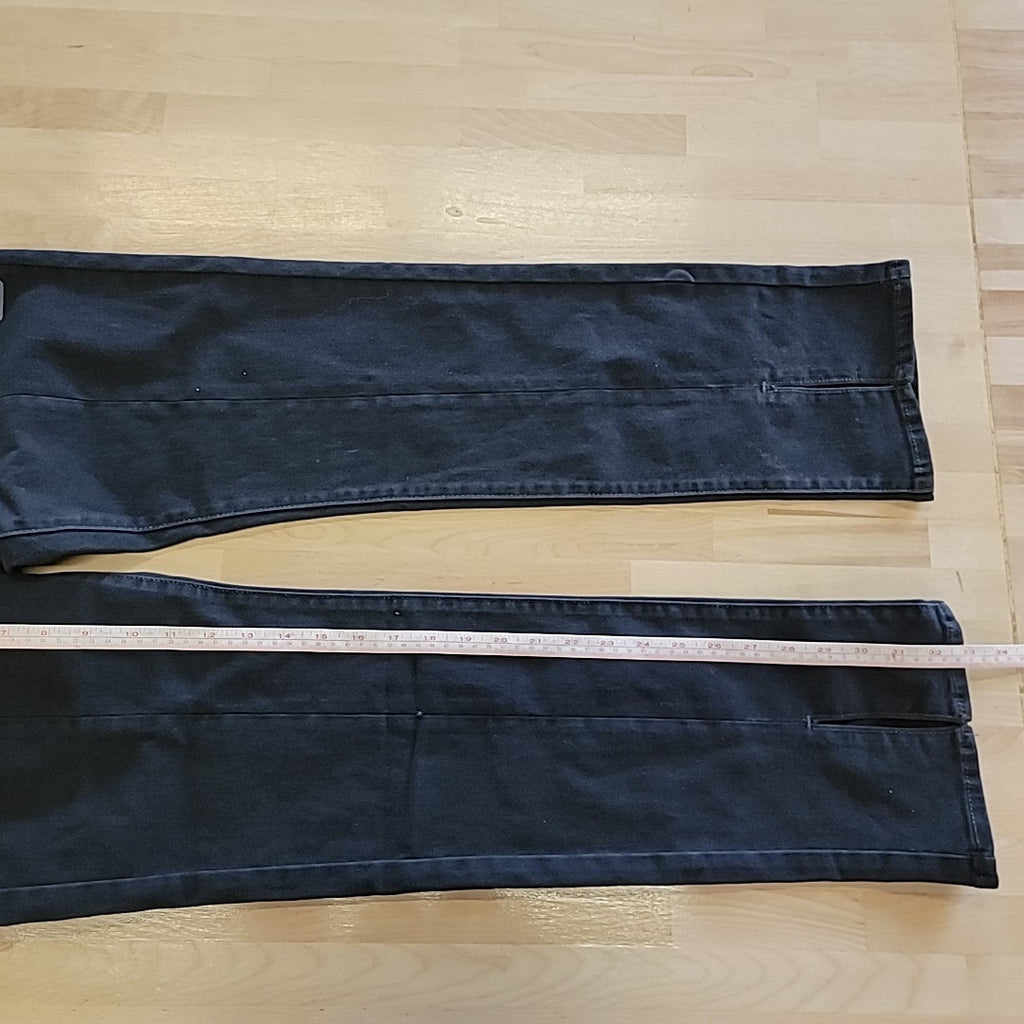 Dark blue straight-leg jeans on flat lay, waistband and leg length measurement
