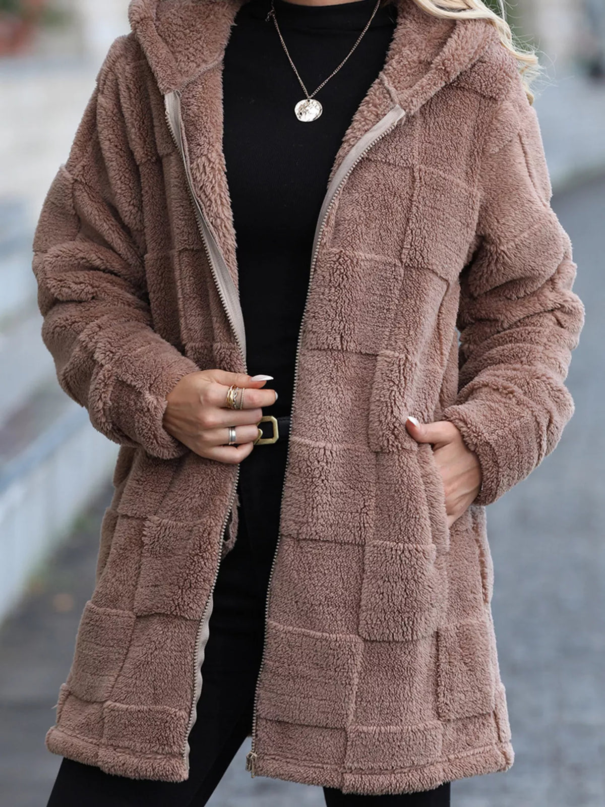 Khaki fleece zip-up hooded jacket with front pockets and open front