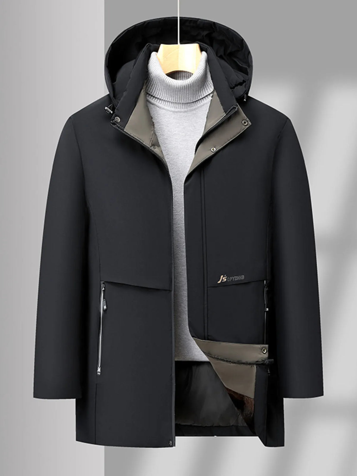 Black hooded winter coat with zip front, stand collar, thermal lining, chest pocket