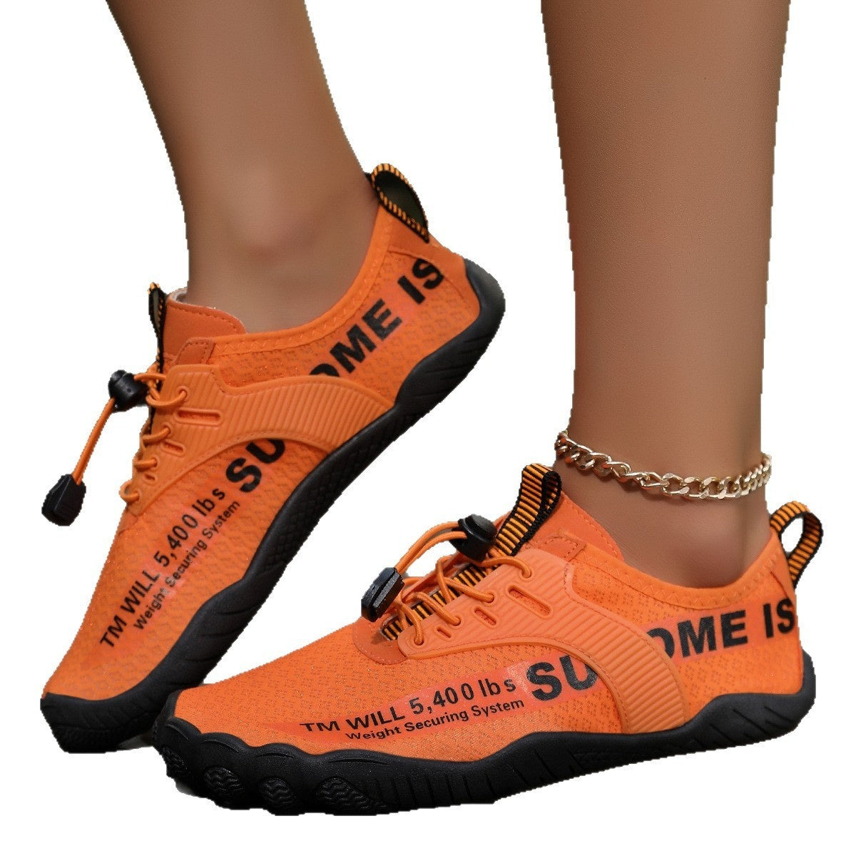 Orange lace-up water shoes set with thick sole and ankle chain strap