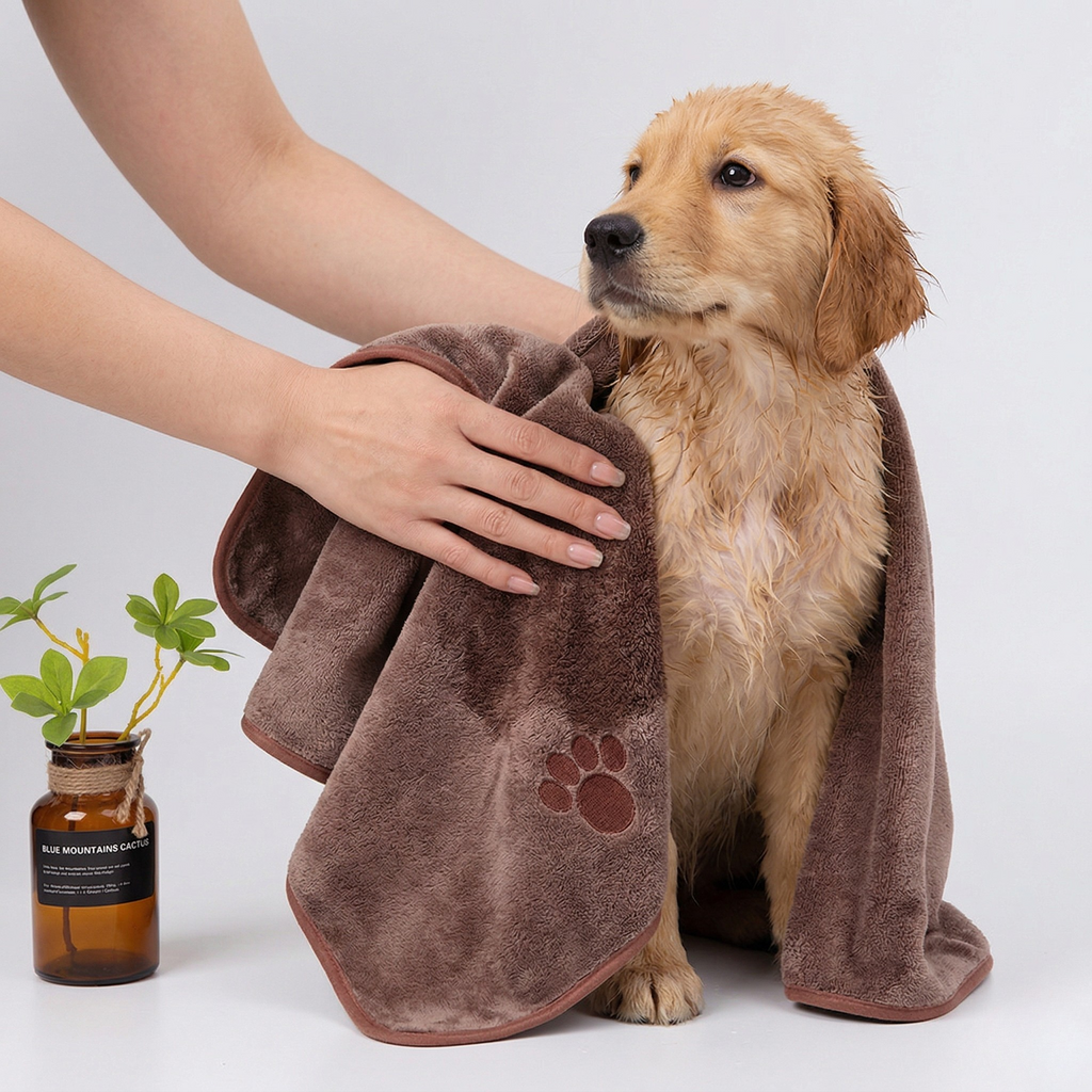 Quick-dry towel, dark brown with paw-print patch and folded hood for pets