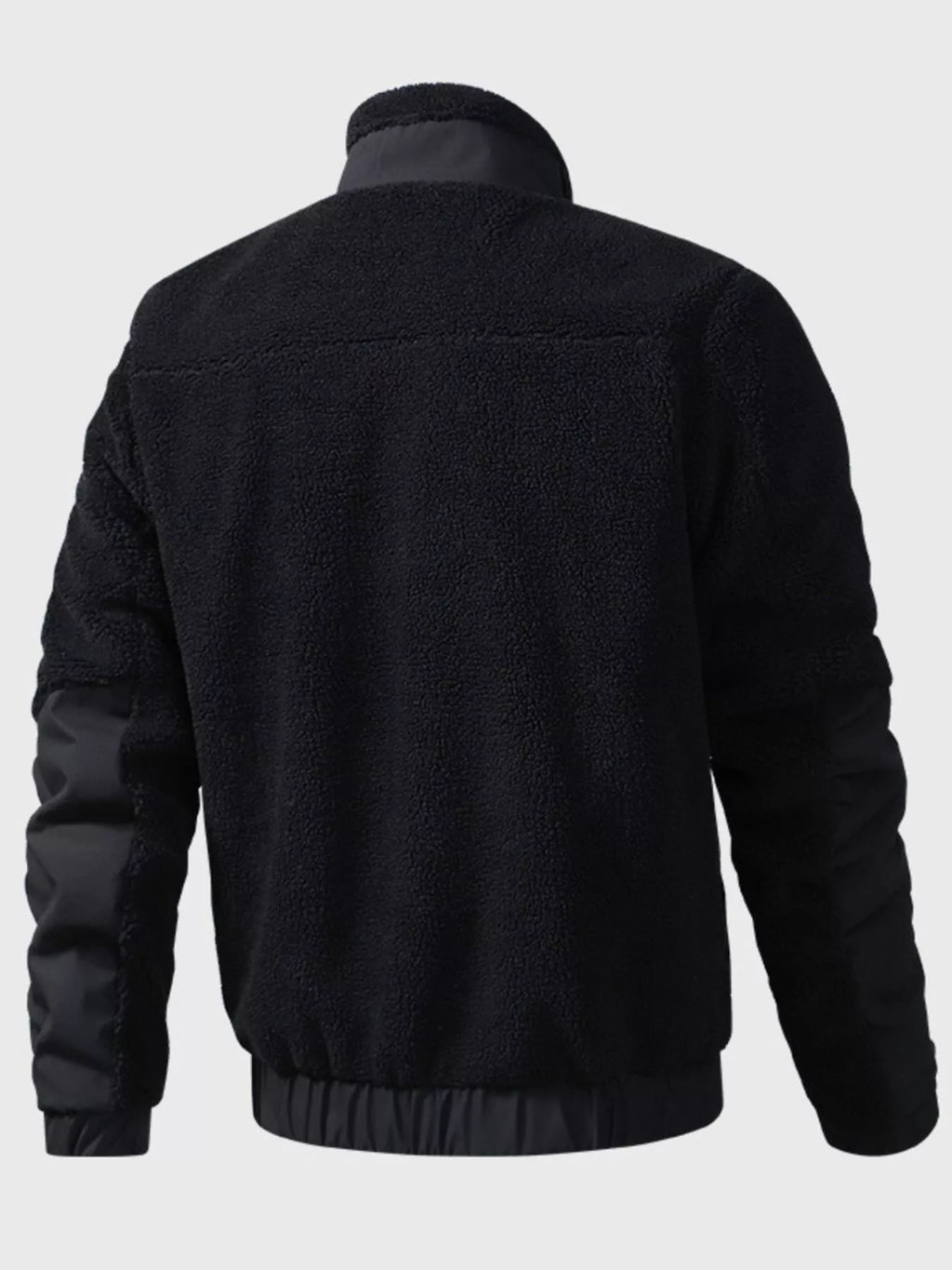 Men's sherpa fleece zip-up jacket back view, black, stand collar, ribbed hem and cuffs