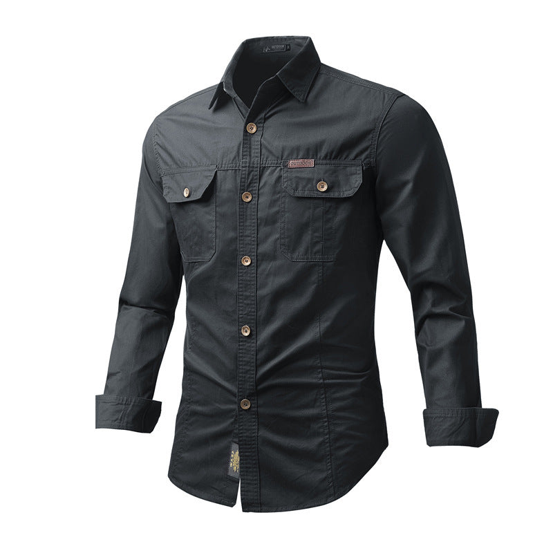 Men's utility work shirt, black, button-front, two chest pockets, long sleeves