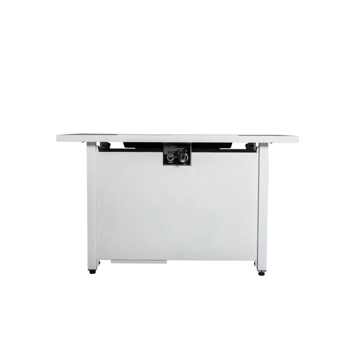 White rectangular fire pit table rear view with adjustable flame control dial