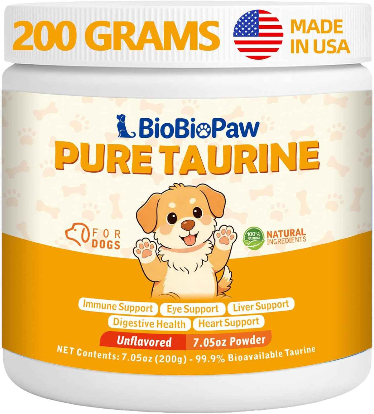 BioBioPaw taurine powder for dogs in a 200 g white and orange tub