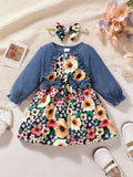 Girls denim long-sleeve dress with floral ruffle skirt and bow headband