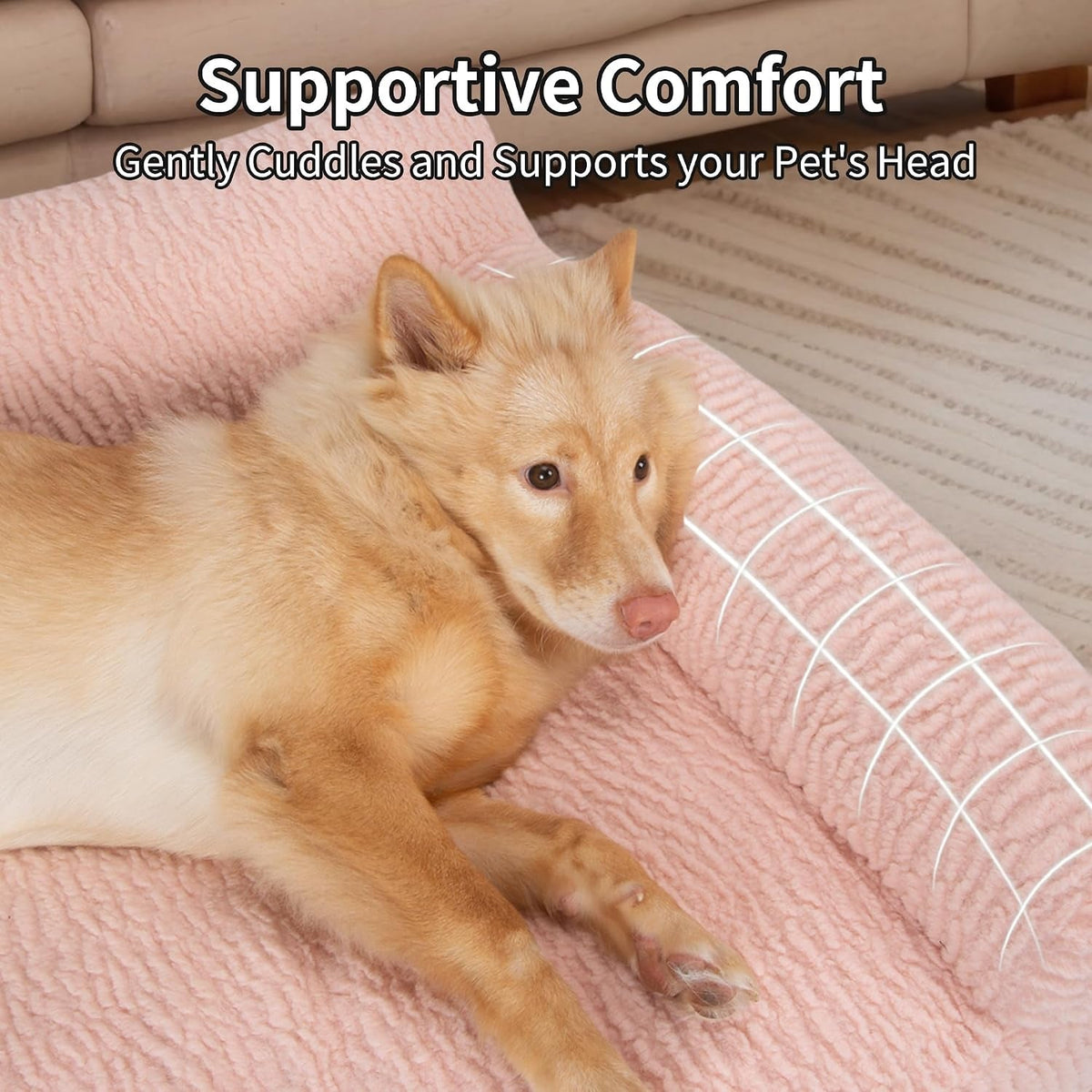 Pink cat sofa bed with raised cushioned arms supporting a dog's head.