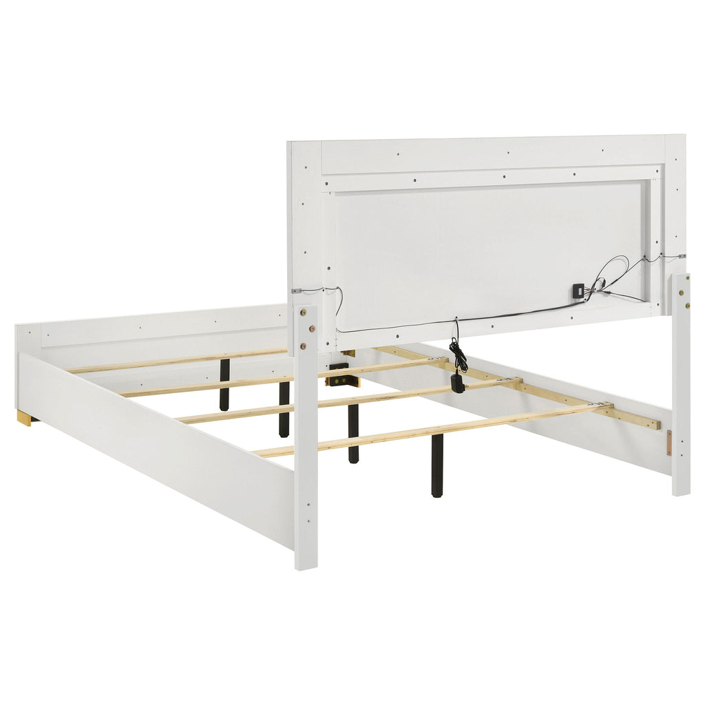 White queen bed frame underside showing slats, support bars, and hanging brackets