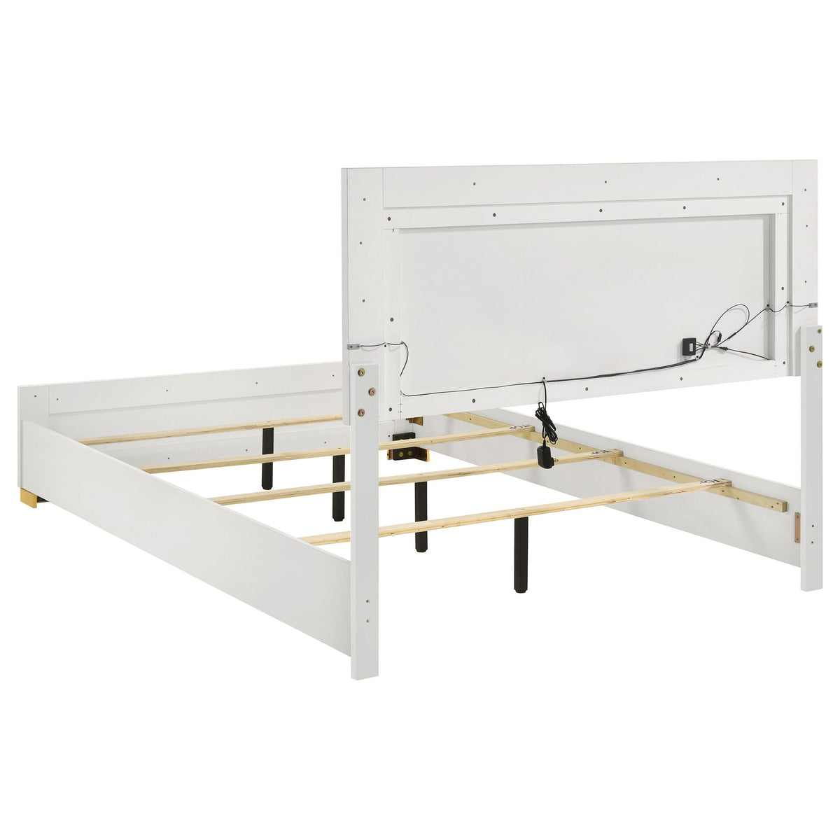 White queen bed frame underside showing slats, support bars, and hanging brackets