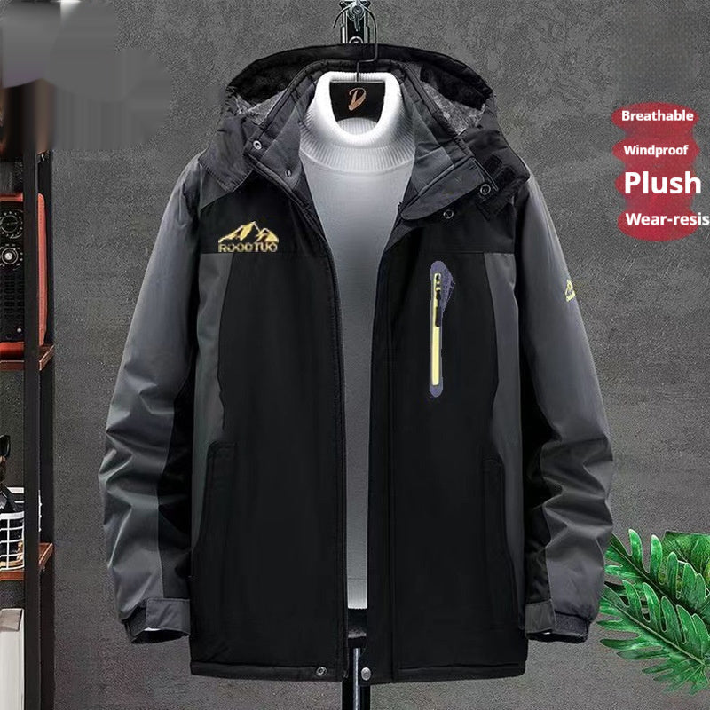 Black waterproof windproof jacket with hood and center zipper, chest pocket