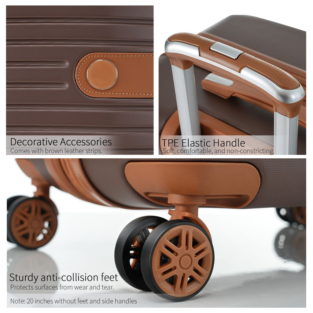 Hard-shell suitcase detail: brown leather-look trim, elastic handle, and anti-collision feet