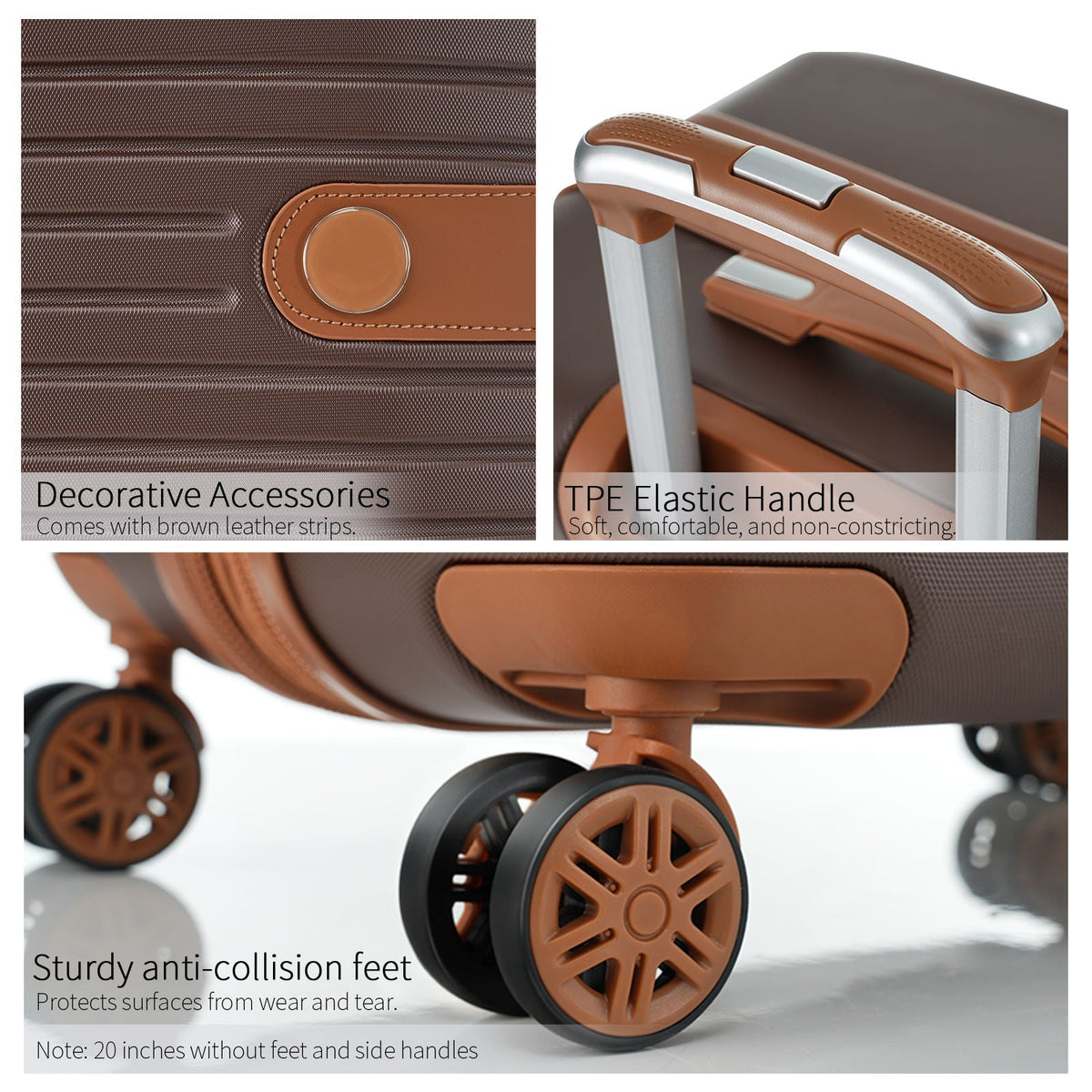 Hard-shell suitcase detail: brown leather-look trim, elastic handle, and anti-collision feet