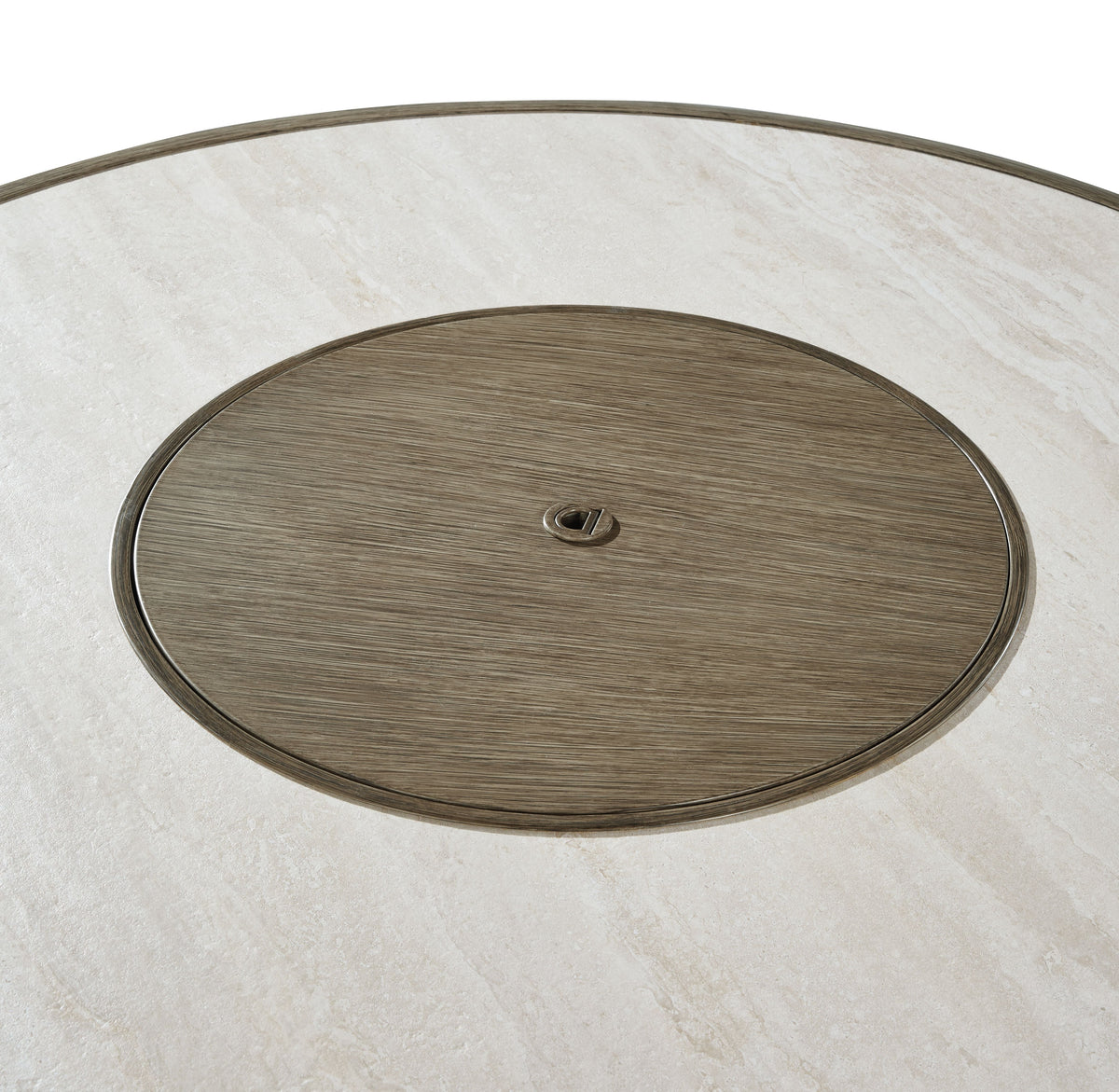 Round fire pit cover with beige center panel, dark rim, and small vent opening