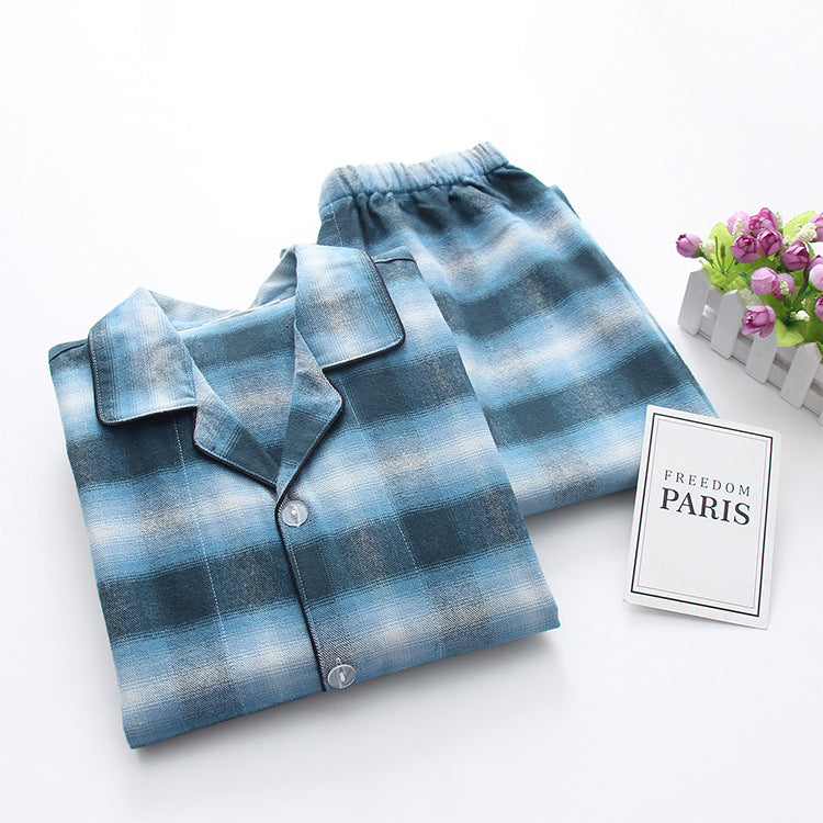 Men's blue plaid pajama shirt and drawstring pants set, button-front collar