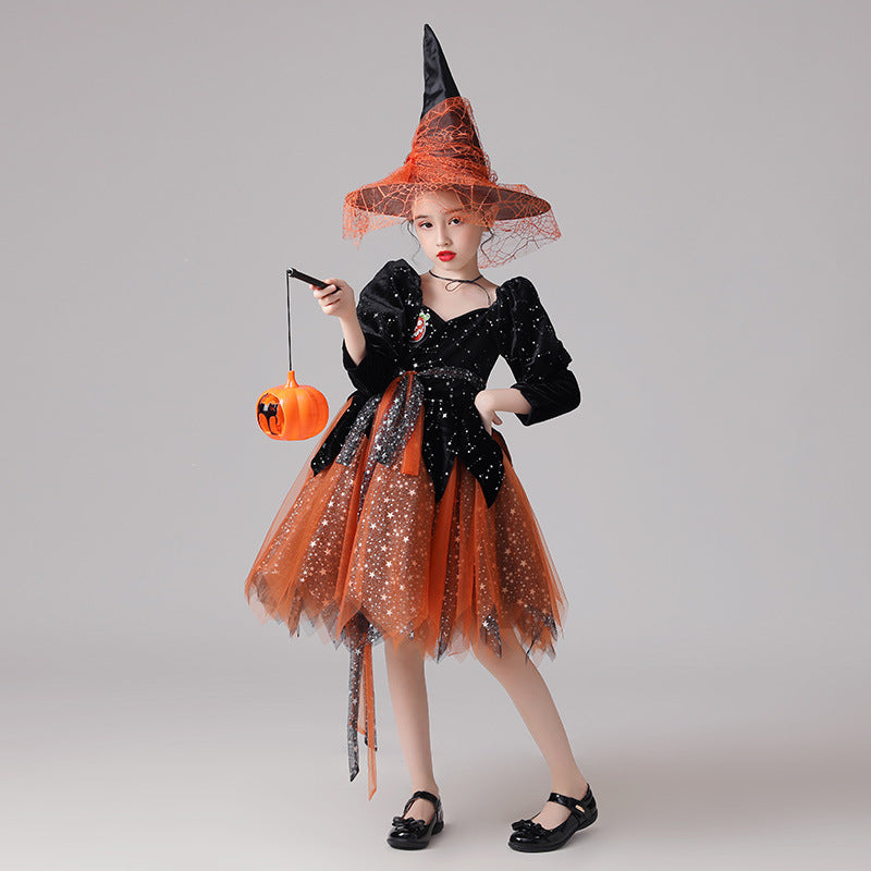 Children's witch ball costume with black sparkle bodice, orange tulle skirt, orange pumpkin pail