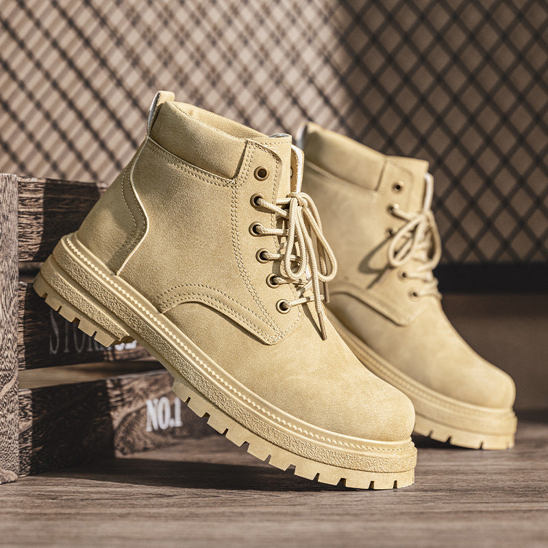 Khaki lace-up ankle boots with side panel stitching and stacked rubber sole