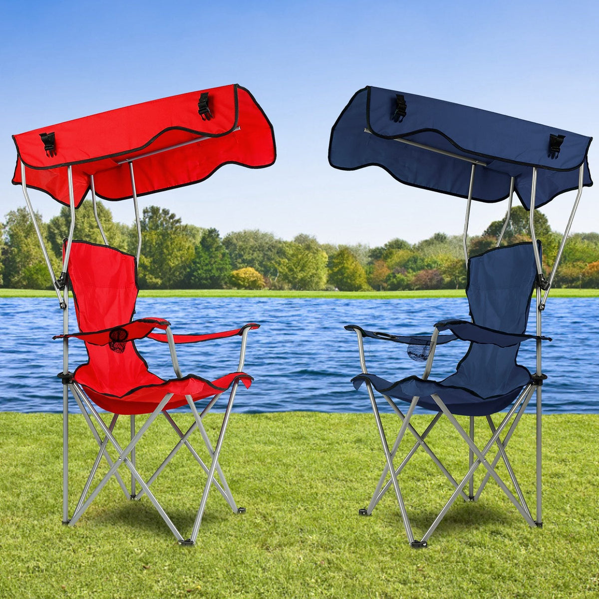 Set of two foldable beach canopy chairs: red and dark navy sunshades with padded seats