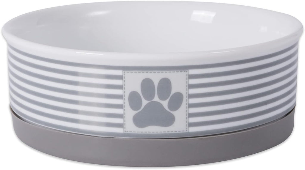 Gray and white striped ceramic pet bowl with a paw-print badge and removable base