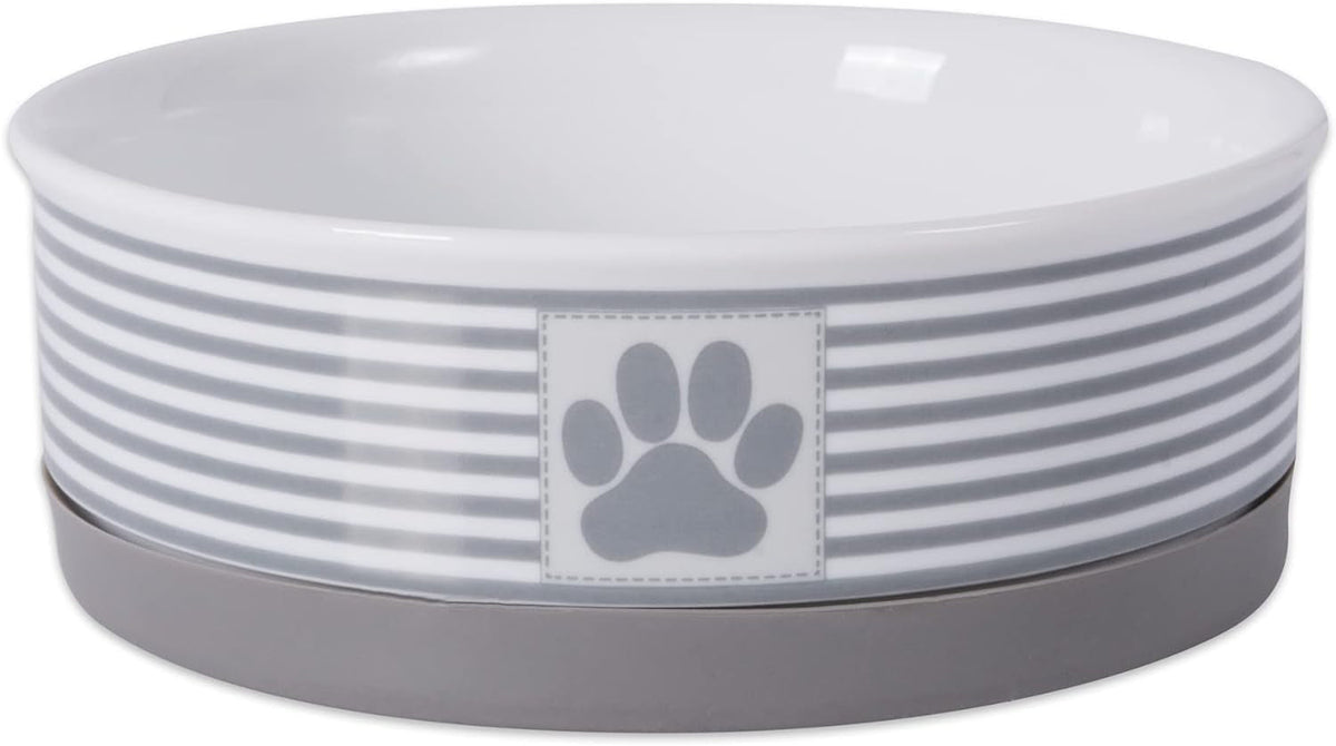Gray and white striped ceramic pet bowl with a paw-print badge and removable base