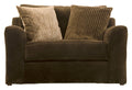 Upholstered armchair in dark brown with three decorative pillows and square arms