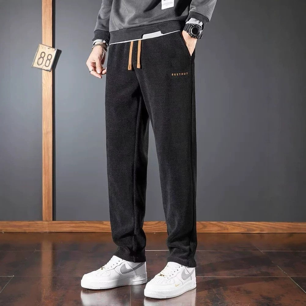 Men's straight-leg corduroy pants, black, drawstring waist, side pockets