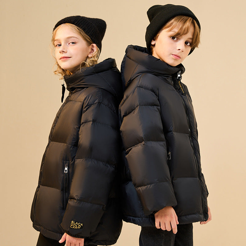 Kids' black puffer jacket with hood, full-zip front and padded sleeves