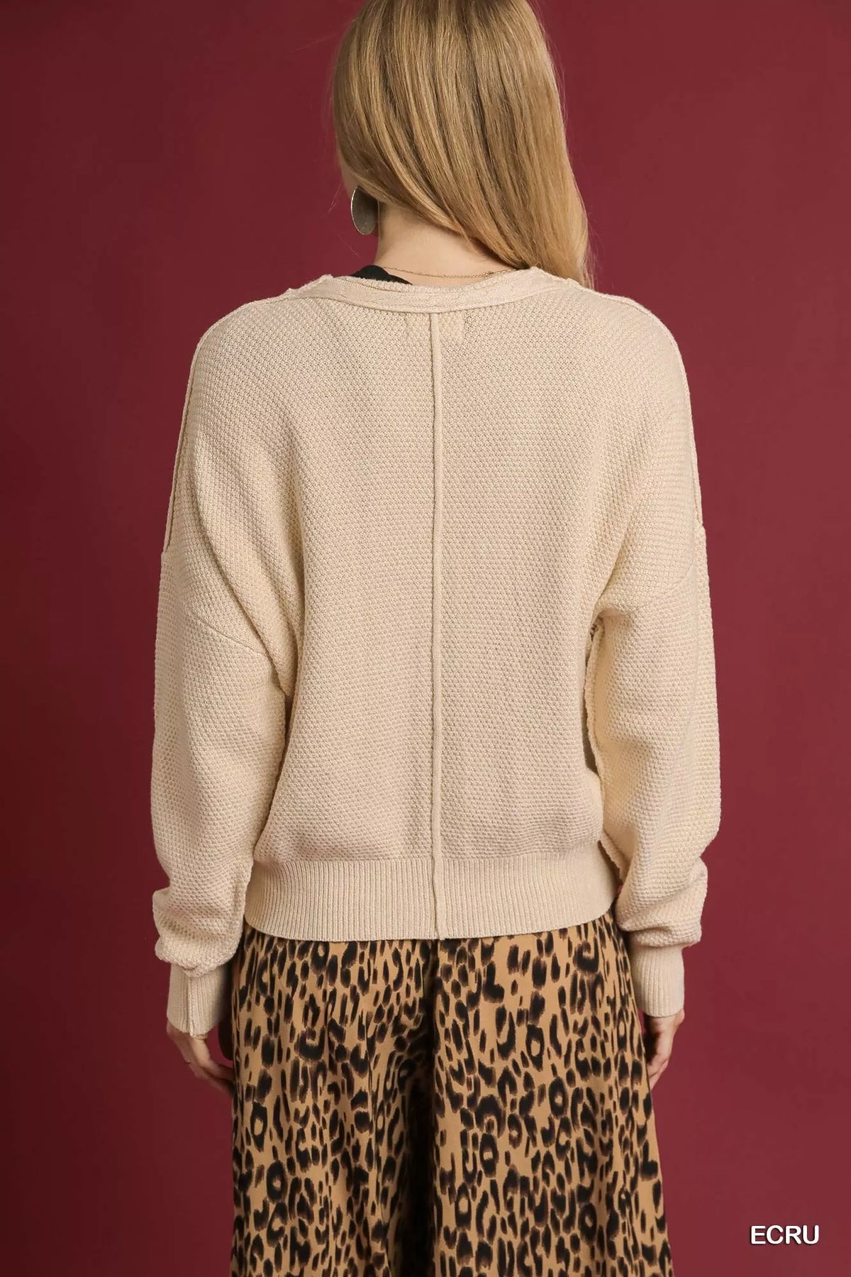 Ecru chunky cable knit back view button-up cardigan
