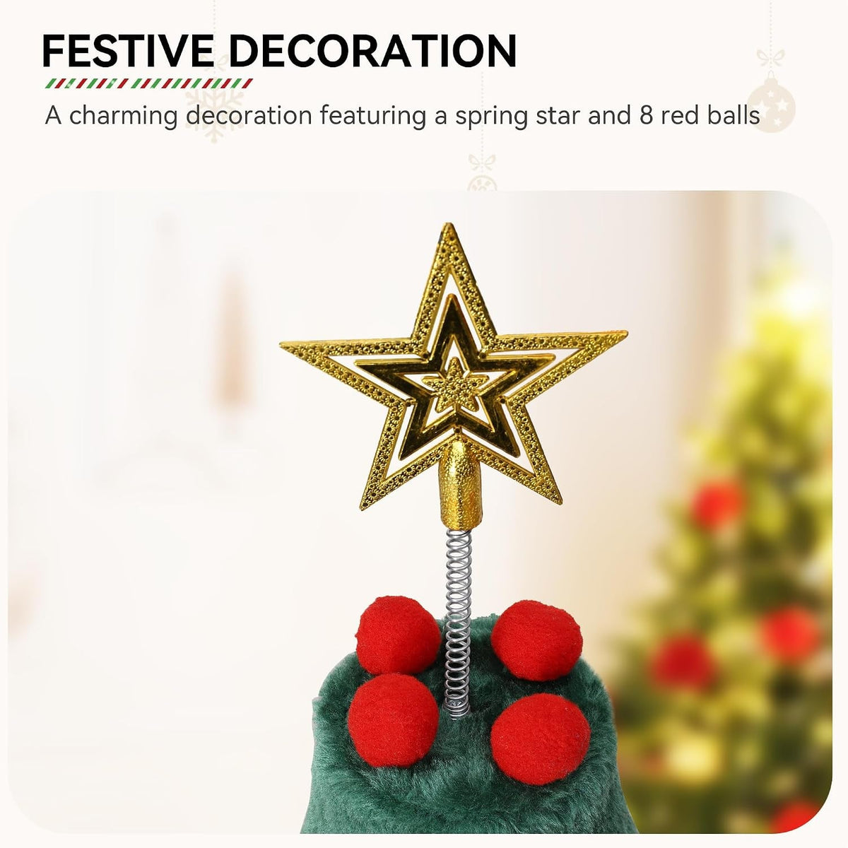 Green cat tower topper with a gold spring star and four red pom-poms