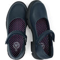 Navy toddler Mary Jane school shoes with hook-and-loop strap and pink dot lining