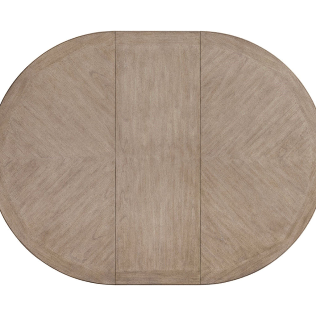 Sand round dining table top with seam lines for extendable center section