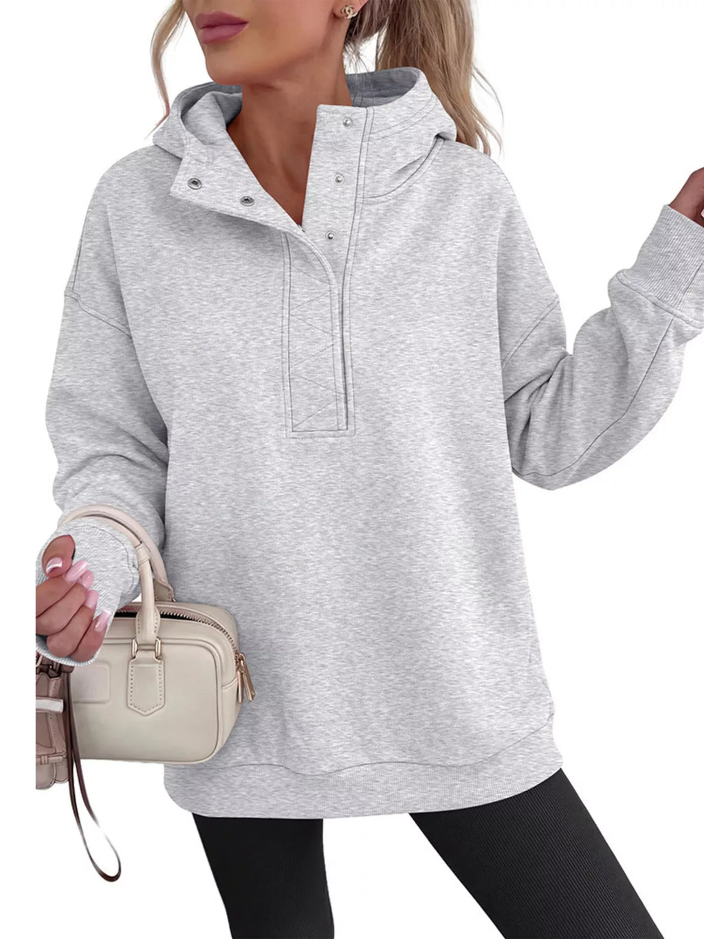 Light gray half-snap dropped-shoulder hoodie with front pocket and hood