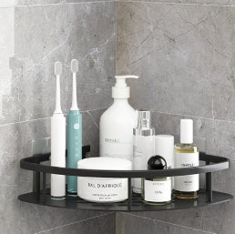 Large anti-rust metal shower rack with two black round shelves for bathroom bottles