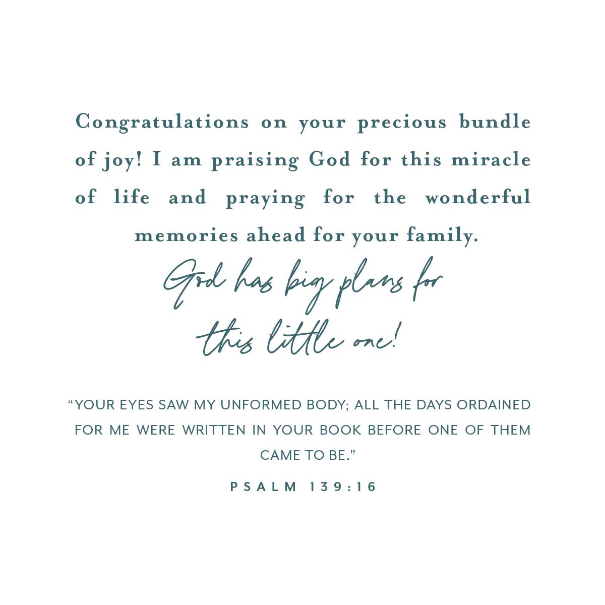 Printed congratulations card with scripture text and handwritten-style verse