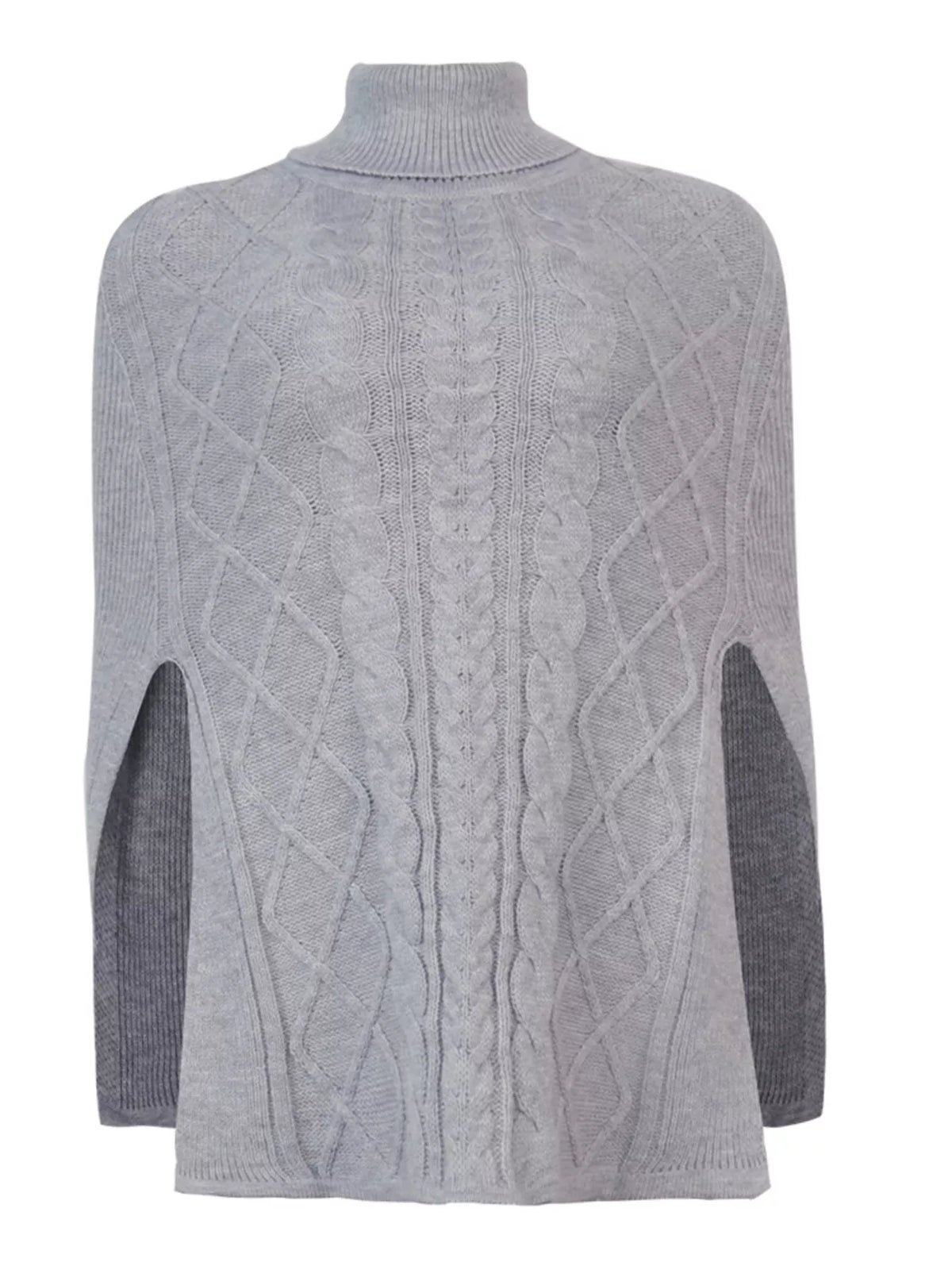 Grey chunky cable-knit turtleneck poncho with raised cable design