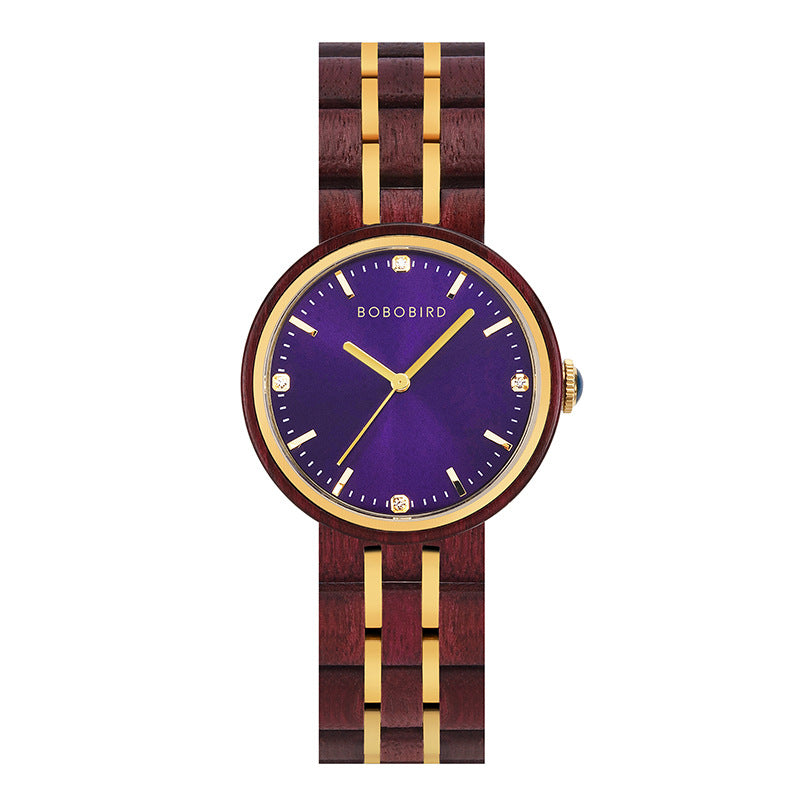 Womens quartz watch with purple dial, gold hands, and burgundy link strap