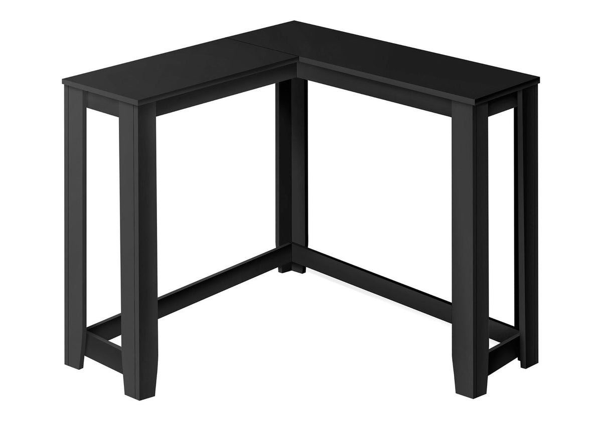 Black corner accent console table with open triangular corner and angled feet