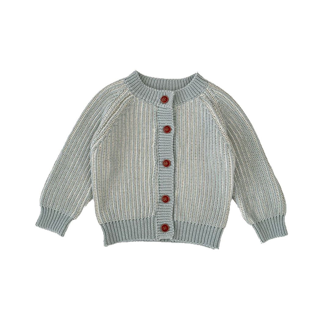 Infant light blue two-tone knit coat with red button placket and ribbed cuffs